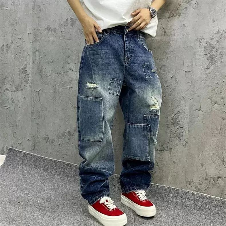 Streetwear Brand Jeans - Merk Splicing Jeans Herfstmode Losse Rechte
