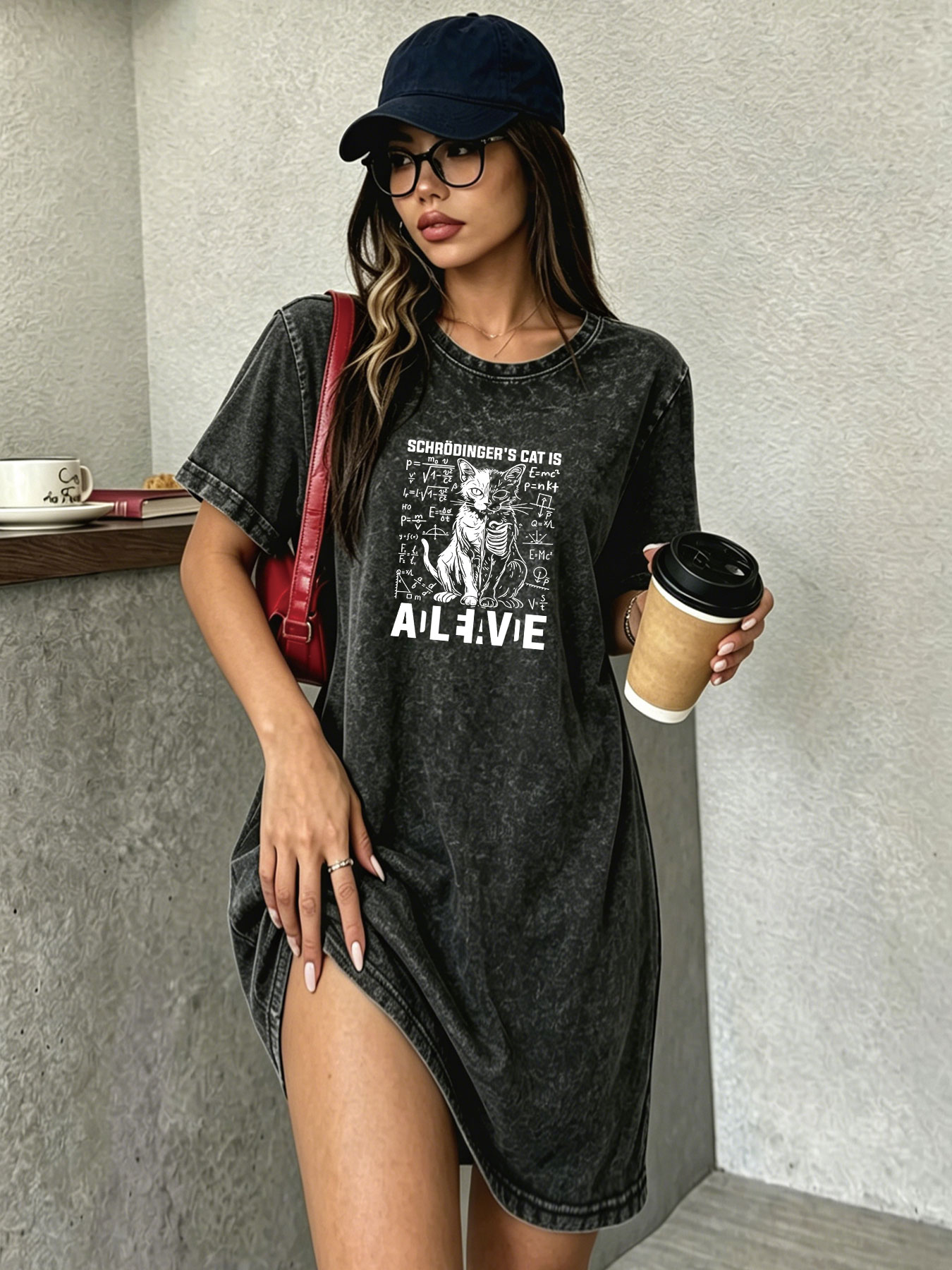 Streetwear Brand Cat - Vintage gewassen distressed T-shirtjurk voor dames,